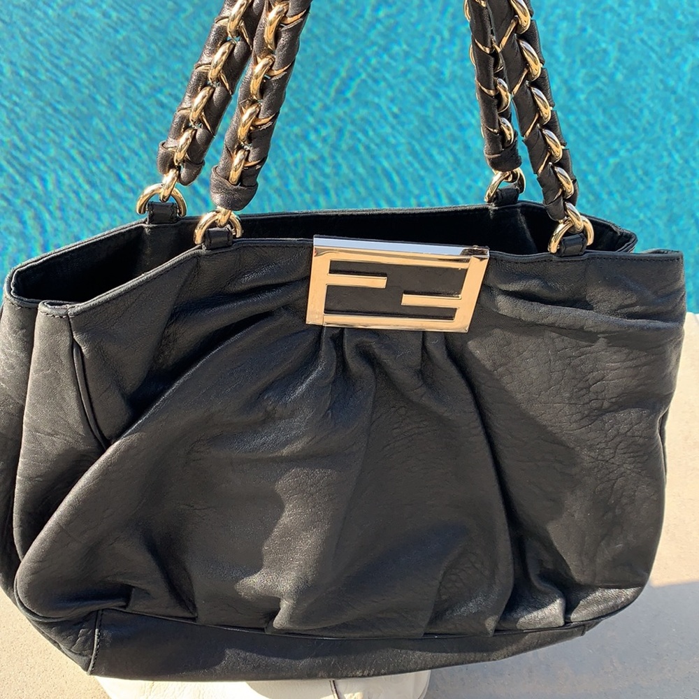 Authentic FENDI Black Leather Mia Hand Bag Purse